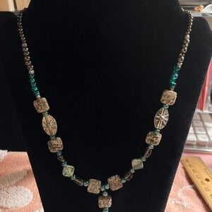 beaded necklace semi-precious stones, glass beads, and silver tone design